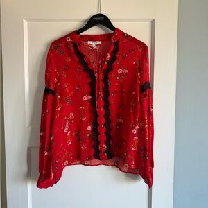 Derek Lam Red Floral Blouse with Black Lace